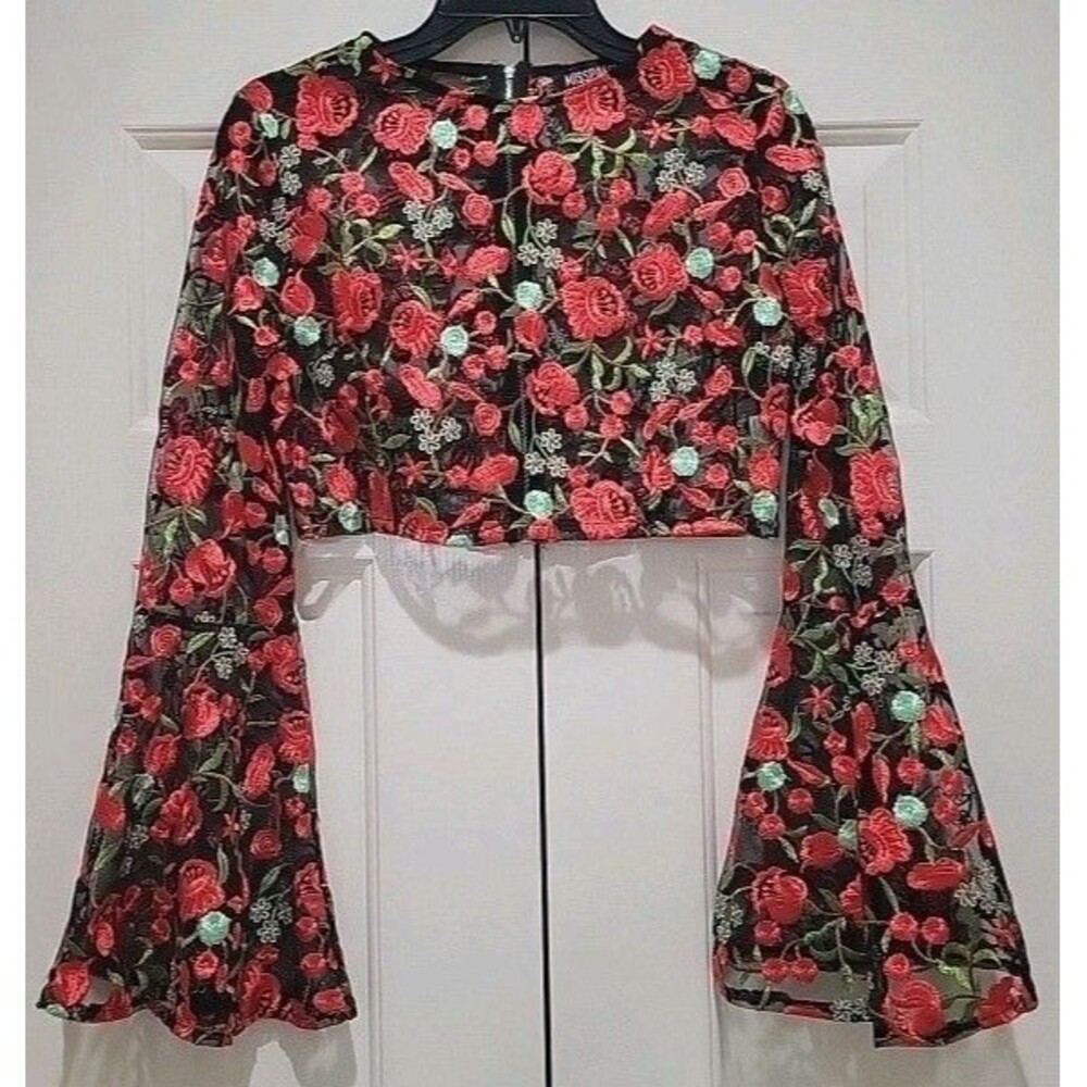 MISSPAP Embroidered Mesh Crop Top Women 8 Back Zip Sheer Rose Floral Long Sleeve